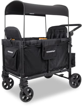 WONDERFOLD W4 Elite Pro Stroller Wagon (4 Seater) - Wagon Stroller with 5-Point Harnesses, Adjustable Push Handle, and Adjustable Sun Canopy - Safety Certified, Jet Black