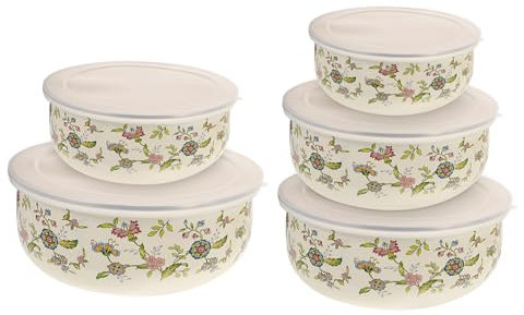 OKUMEYR 5pezzi Ciotole Smaltate con Coperchio Scodelle Versatili da Cucina Impilabili per Insalate Frutta e Zuppe Contenitori Multiuso in Smalto per Conservazione e Servizio