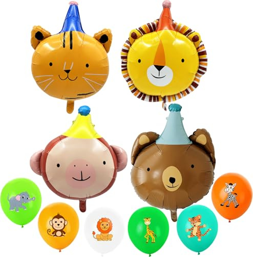 10 Stück Luftballons Tiere, Safari Tier Luftballons Set, 4 Tiere Folienballon + 6 Tiere Latex Ballons, Wildtiere Thema Party Deko, für Dschungel Deko Geburtstag, Party Animals