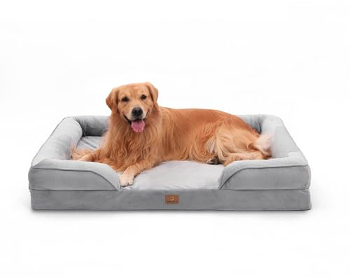BedGoldi Orthopädisches Hundebett für X-große Hunde, Ergonomisches Hundesofa mit eiförmigem Kistenschaum, Wasserdichtes rutschfestes Hundesofa 122x89 cm, hellgrau