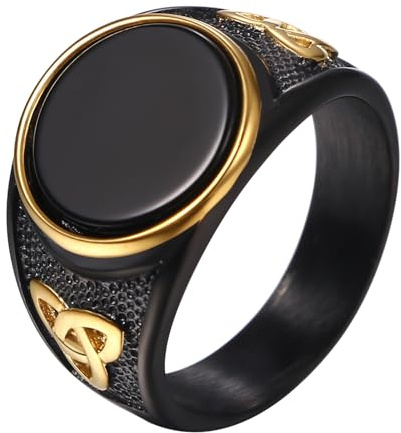 Flonge Men's Black Onyx Ring: Viking Round Agate Signet Ring Norse Celtic Knot Ring Fashion Jewelry Gift for Men Size 8