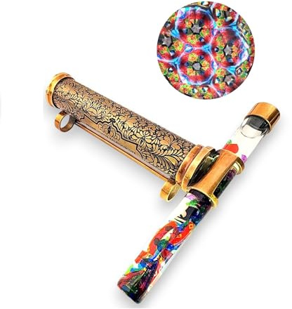 ANTIQLICIOUS Caleidoscopio in ottone pieno di liquido con glitter, movimento continuo, con supporto, affascinante esposizione di colori e movimento, pezzo decorativo unico per casa o ufficio
