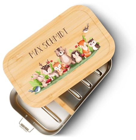 GRAVURZEILE Brotdose aus Edelstahl mit bedrucktem Bambusholzdeckel - Lunchbox mit Tiergruppe Waldtiere Motiv - Personalisiert mit Name - Geschenk für Kinder zum Schulanfang - Größe: Groß