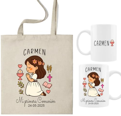 ELISA BOTELLA Pack Personalizado Primera Comunión, Taza y Bolsa con Nombre y Fecha, Diseño Ilustrado, Elección de Color de Pelo, Regalo para Invitados (MORENA - Pack comunion niña personalizado REZO)