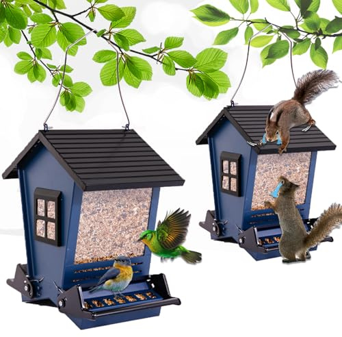 LSCQYYCC-Bird Feeder Squirrel Proof Metal Hanging for Outdoor Wild Bird Seed, with Bilateral Weight-Activated Perches, Large Feeder That Attracts Cardinals, Chickadees, and More Birds-One in Blue