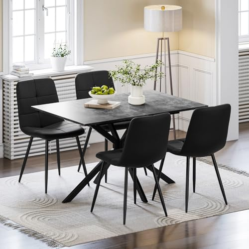 Luxstein Extendable Dining Table and Chairs Set 4, 120-160cm Concrete Effect Table with 4 Black Upholstered Linen Chairs for Dining Room, Kitchen