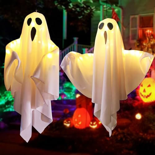 TJYAEKLTD Halloween-Deko, 2 Stück 90 cm Outdoor-Deko – Hängende Leuchtende Geister, Windlicht-Ornamente für Draußen & Drinnen, für Garten, Baum, Halloween-Party (warm White)