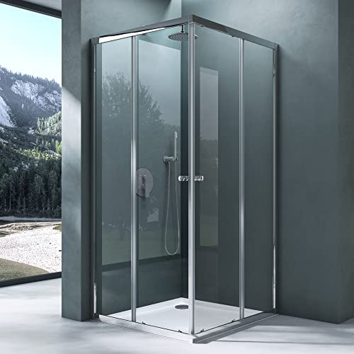 Mai & Mai Duschkabine mit Doppel-Schiebetür Duschtür 100x90cm | Eckeinstieg Duschabtrennung Echtglas 6mm ESG-Sicherheitsglas Ravenna16K