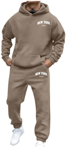 Men Hoodie Tracksuit Set Long Sleeve Pullover Sweatshirt And Joggers Two Piece Outfit Casual Sportswear Soft Stretch Warm Comfortable Athletic Suit Stylish Printed Design Autumn Winter (Khaki, XL)