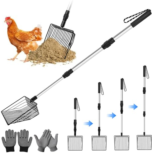 Pala colador para excrementos 3 en 1, accesorio para gallinero, pala para excrementos de pollo, pala ajustable con 2 pares de guantes, para gallinero, separación de heces y escombros de arena