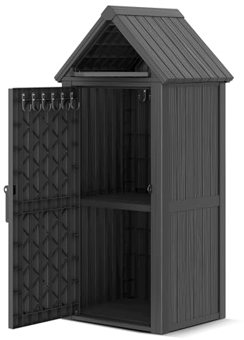 GULAIMOAO Outdoor Storage Shed, Waterproof Storage Cabinet with Ample Space, Sturdy Resin with Lockable Door and Sloping Roof, Multiple Hooks for Backyard, Garden, Patio & Lawn, Black