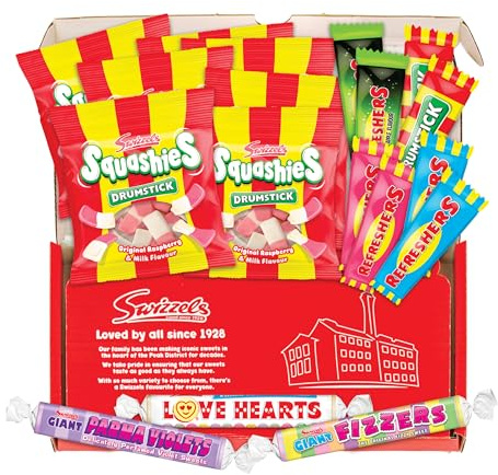 Swizzels Letterbox Sweets Hamper, Classic Family Favourite Sweet Assortment with Refreshers, Drumstick Squashies, Love Hearts, Giant Fizzers & Parma Violets, Gift Box