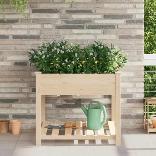 ULUYYUC Aiuola rialzata beige da giardino, 90 x 90 x 76,5 cm, in abete massiccio con ripiano integrato, design moderno, robusta aiuola da giardino rialzata per balcone e terrazza