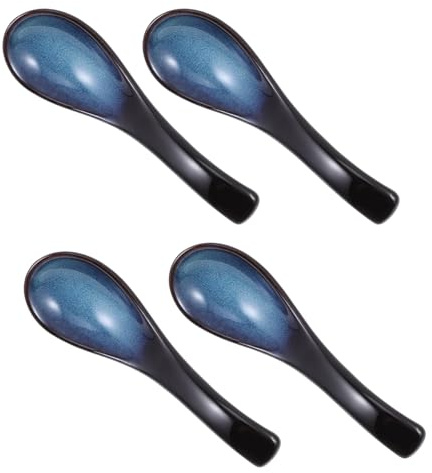 Healeved Lot de 4 Cuillères à Soupe Rétro en Céramique Japonaise Bleu Cat’s Eye, Cuillère à Porridge, Riz et Miel, Vaisselle Solide pour Maison Cuisine, Design Lisse et Résistant