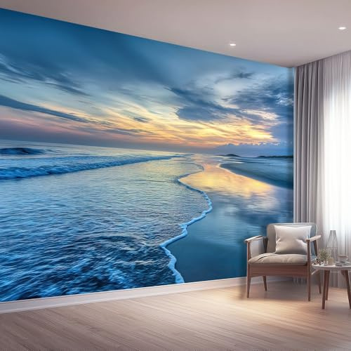 Genérico Papel Pintado 3D Playa y Mar al Atardecer, Fotomural Panorámico Azul con Olas, Decoración Moderna para Salón Dormitorio Hotel Spa, 200 x 140 cm（WxH