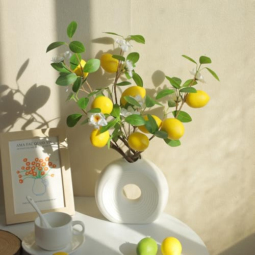 Hejo Rama de limones artificiales, 9 cabezas de limones artificiales, tallos de limones artificiales de 52 cm con flores de magnolia y hojas de sauce para la decoración de verano en la cocina, el