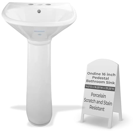 Small Bathroom Pedestal Sink White With Overflow Centerset Faucet Holes Grade A Vitreous China 33 Inch Tall x 16 Inch Wide x 14 Inch Projection Space Saving Ondine Design Renovator's Supply