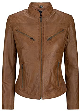 Giacca Corta da Ragazza, Donna Chiodo in Vera Pelle Stile Biker Slim Fit nocciola 3xl
