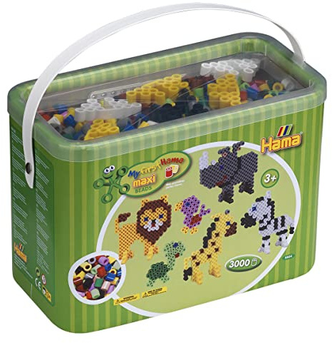 Hama Perlen 8804 Bügelperlen im Eimer, ca. 3.000 bunte Maxi-Perlen mit Durchmesser 10 mm im Grundfarben Mix, 3 Stiftplatten und Zubehör inkl. Bügelpapier, kreativer Bastelspaß für Groß und Klein