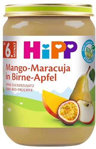 HiPP Bio Mango-Maracuja in Birne-Apfel (6 x 190g), Babygläschen ab 6. Monat, 100% Früchte, ohne Zuckerzusatz, ideal als Nachspeise oder Brei-Zutat