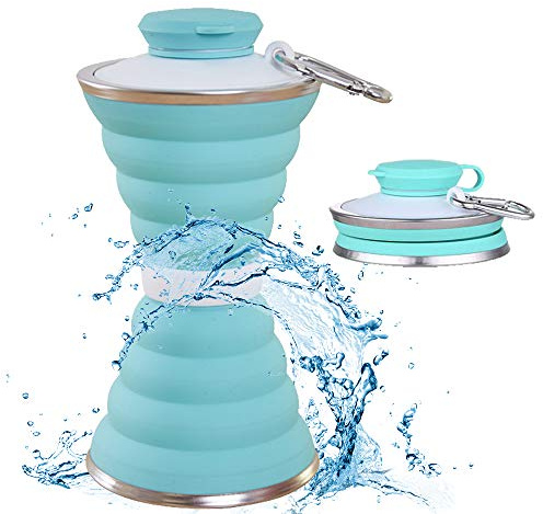 Botella de agua plegable, taza de camping con mosquetón, de silicona reutilizable, plegable, a prueba de fugas, portátil, para deportes al aire libre, viajes, gimnasio, senderismo, sin BPA, tazas de