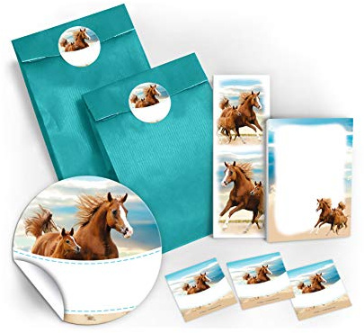 JuNa-Experten 8 Lesezeichen + 8 Mini-Notizblöcke + 8 Geschenktüten/blau + 8 Aufkleber Zwei Pferde Mitgebsel Gastgeschenk beim Kindergeburtstag Mädchen