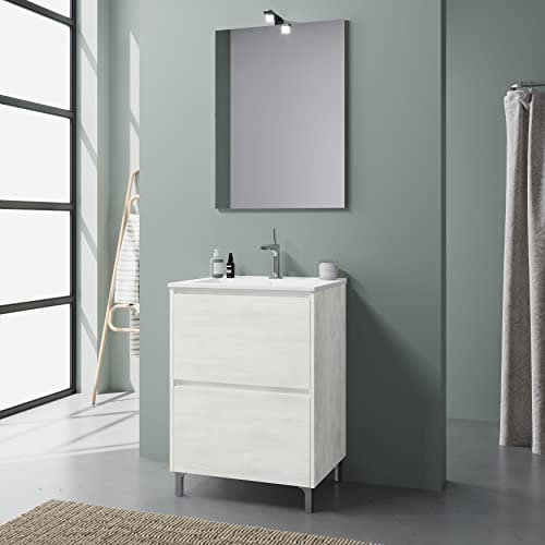 Kiamami Valentina - Mobile Bagno a Terra 60 CM con Lavabo | 2 Cassetti Capienti | Design Moderno | Specchio Incluso, Bianco, 60 cm