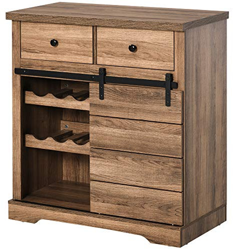 HOMCOM Credenza con 2 Cassetti, Ripiani Aperti e Portabottiglie, Credenza da Cucina Rustica in Legno e Metallo, 80x39x86 cm, Color legno
