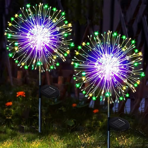 yowin Solarlampen für Außen Garten 2 Stück 120 LED | Solarleuchten Gartenstecker, IP65 Wasserdicht 8 Modi Pusteblume Solar Gartenleuchten für Aussen Balkon Deko - Mehrfarbig
