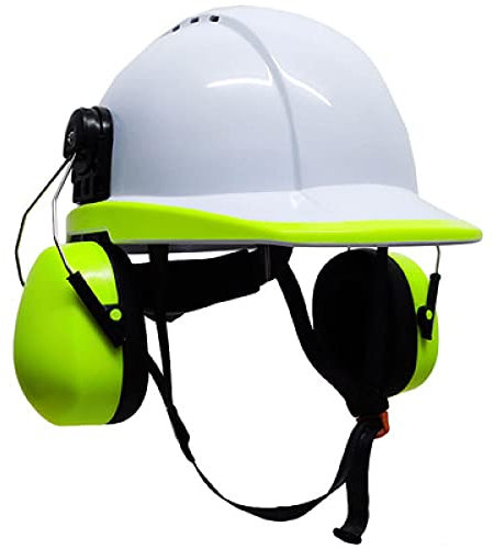 Cappello duro con protettore dell'orecchio Casco protettivo anti-rumore Casco di sicurezza anti-impatto-giallo bianco.