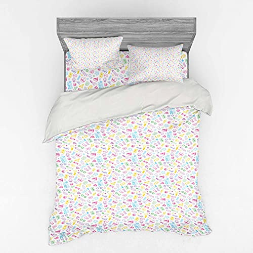 Ambesonne 1990s Duvet Cover Set, Cartoon Doodle Pattern with Pastel Retro Elements Cassette Cake Diamond Girly Theme, 4 Piece Bedding Set with Shams and Fitted Sheet, Queen Size, Multicolor