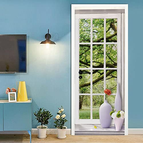 A.Monamour Türtapete Selbstklebend Türfolie Türposter 3D Grüne Bäume Wald Landschaft Durch Fenster Vinyl Folie Türdeko Tapete Wandbild Türaufkleber Türtattoo 85 x 200 cm