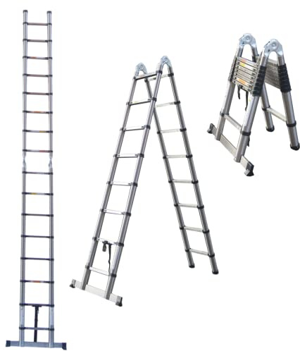 5M Telescopic Ladder, Multi-Purpose Folding Ladder, Stainless Steel Extension ladder Loft Ladders telescopic, 150kg Capacity