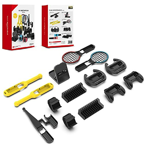14 en 1 Kit d'accessoires de sport pour Nintendo Switch,ensemble de jeux de sport pour NS,raquette de tennis, dragonne,poignée de contrôleur,volant de course,canne à pêche,baguette de batterie,etc.