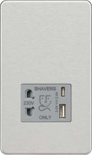 Knightsbridge Screwless Shaver Socket with Dual USB A+C (5V DC 2.4A Shared) - Brushed Chrome with Grey Insert