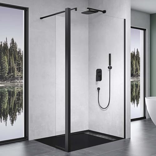 Mai & Mai Walk-In Duschwand für Dusche Duschabtrennung 90x200cm 8mm Klarglas mit 30cm Nebenteil ESG-Sicherheitsglas mit Nanobeschichtung Rechteckiger Stabilisator Bremen01K-Plus Schwarz