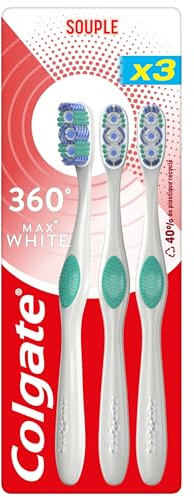 COLGATE - Zahnbürste Colgate 360 Max White – Weiße Zahnbürste – Aufhellende Lamellen zum Entfernen von Oberflächenflecken – Polierlamelle zur Entfernung von Plaque – 3 Stück