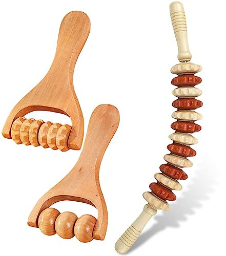 Suuwwn Massagegerät aus Holz - 3-Teiliges Rückenmassage-Set mit Griff, Massageroller, Triggerpunktroller, Körper-Gesichtsroller, Gua Sha Scraping Tool für Nacken, Beine und Rücken