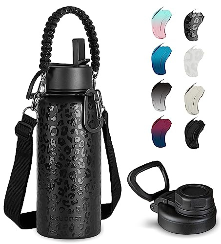 KXIAOCHEN 32 oz Insulated Water Bottle with Strap, 48-Hour Cold, 2 Lids | Triple-wall insulation, lead-free 18/8 Stainless steel, paracord handle, carabiner clip, for gym, hiking, camping and travel
