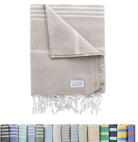 Cape Comforts Large Turkish Beach Towel, Classic Beige - Super Soft & Lightweight Quick Dry Absorbent Towels for Beach, Picnic Blanket or Bath Towel - Sand Free Organic Turkish Cotton Yarn