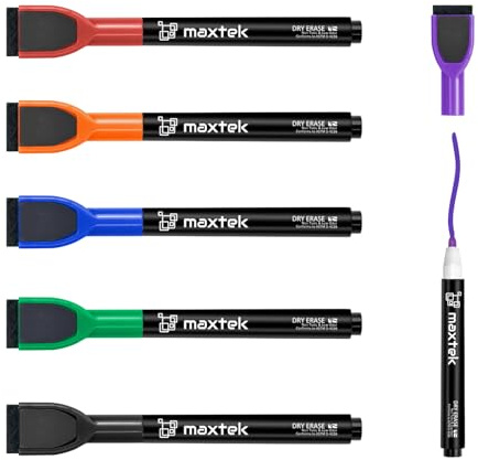 maxtek Magnetische Whiteboard Marker, 6 Farben Stifte abwischbar mit Radiergummi, Feinspitze 1–2 mm Linienbreite, Folienstifte für Zuhause, Schule & Büro (6 Stück)