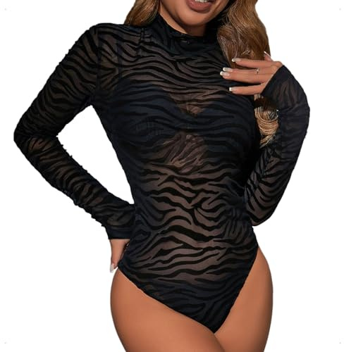 EMOTTOS Body da donna in pizzo sexy, manica lunga in rete trasparente stampata a fiocchi, scollo rotondo per vedere attraverso la tuta da donna, body femminile sexy da club(02ZEBRA-S)