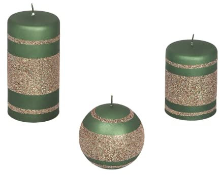 Grüner Cappuccino gestreifter Glitzer Stumpen- und Kugelkerzen-Set: elegante und festliche dekorative Kerzen für Heimdekoration, Partys und besondere Anlässe (3er Set)