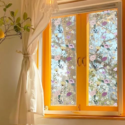 Uixxducc Fensteraufkleber Rosa Lila Blume Selbstklebend Dekorative Aufkleber Wandaufkleber Fensterbilder Anti-Kollision Glasaufkleber Frühling Glas Deko (45x200cm)