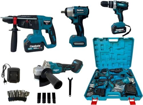 21 SHOP® Kit 4 in 1 Trapano Avvitatore con Percussione + Flex Smerigliatrice Angolare + Svitabulloni Avvitatore impulsi + Martello Tassellatore SDS-PLUS 2 Batterie da 68V Motore Brushless Valigetta