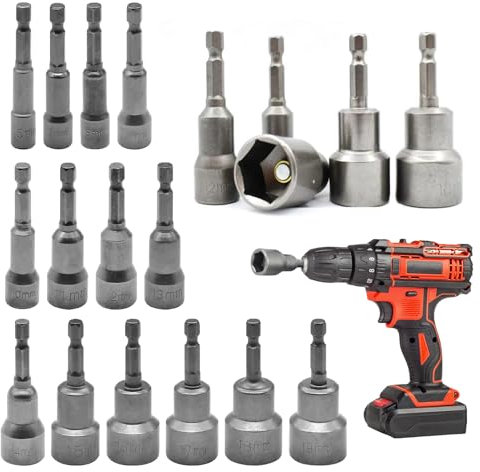 WIYETY 14 Stück Steckschlüssel Set: 6-19mm Magnetisches Sechskant Stecknuss Set, Sechskant Steckschlüsselsatz für Bohrer Akkuschrauber