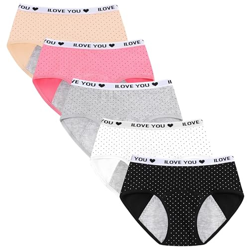 Mutande Periodo Mestruale per Ragazze Cotone Mutande Anti-perdite Intima Slip Mutandine Mestruali Protettive Adolescenti Bambina per 10-18 anni, Confezione da 5 (Da Indossare con Assorbente o Tampone)