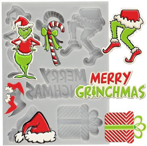 MINFEIDMS Merry Christmas Fondant Moulds Christmas Tree Funny Cartoon Character Silicone Moulds Green Hand Moulds for Xmas Winter Party Cake Decoration Cupcake Topper Candy Polymer Clay Chocolate Gum