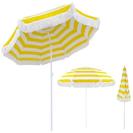 180 cm Strandschirm Anti Uv 50+ Outdoor Gartenschirm Gelb Weiß Gestreifter Terrassenschirm Mit Kippbaren Fransenschirm 8 Wale Terrassenschirm for Balkon Garten Terrasse Strand