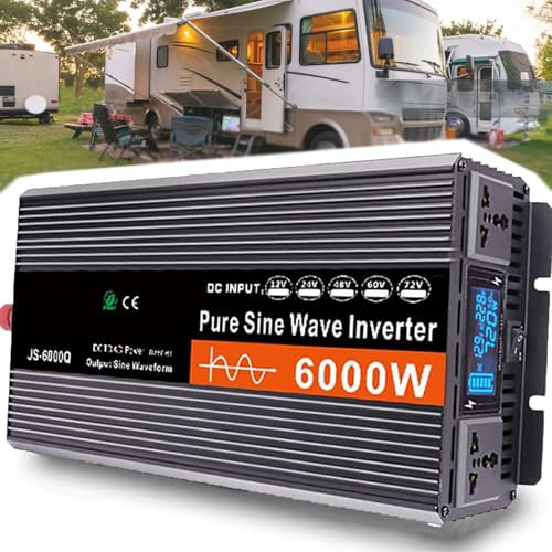 Dfdieratve Inverter a Onda Sinusoidale Pura da 6000 W, Convertitore da 12 V/24 V/48 V/60 V DC a 110 V/220 V AC per Camion, Casa, Veicoli, Camper, Inverter Solare con Doppie Prese,48V